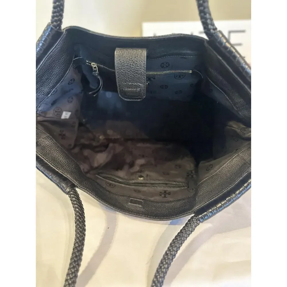Tory Burch Tote Bag Womens Large Black Leather Shoulder Tassel Braided